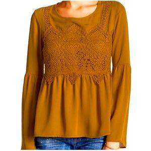 Jolt Boho Mustard Crochet Long Sleeve Top Size Small